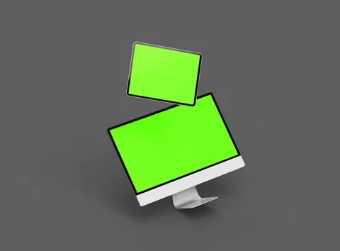 3D Render of desktop and tablet with green screens on a dark background Stock Illustration