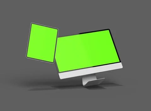 3D Render of desktop and tablet with green screens on a dark background Stock Illustration
