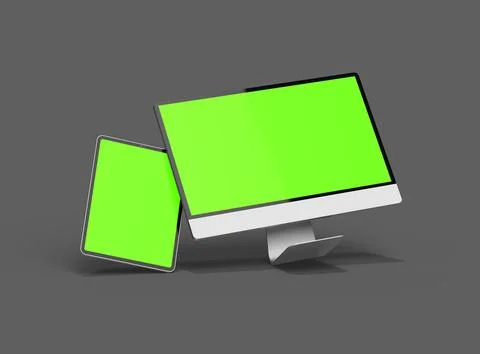 3D Render of desktop and tablet with green screens on a dark background Stock Illustration