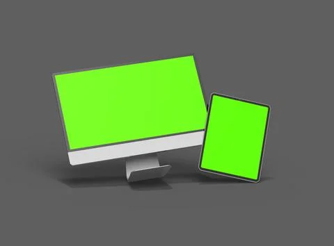 3D Render of desktop and tablet with green screens on a dark background Stock Illustration