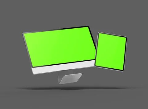 3D Render of desktop and tablet with green screens on a dark background Illustrazione stock