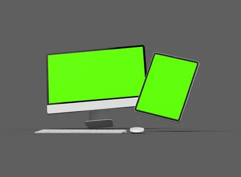 3D Render of desktop and tablet with green screens on a dark background Stock Illustration