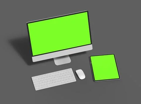 3D Render of desktop and tablet with green screens on a dark background Stock Illustration