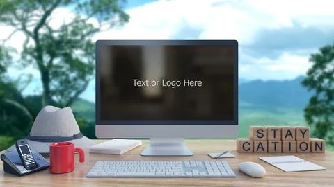 3D render desktop computer for use in staycation and travel accesaries for .. Stock Illustration