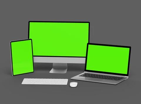 3d render of desktop, laptop and tablet with green screen on a dark background 스톡 일러스트