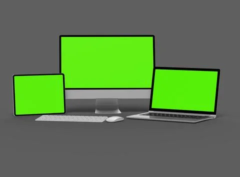 3d render of desktop, laptop and tablet with green screen on a dark background Stock Illustration