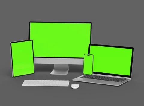 3d render of desktop, laptop, smartphone and tablet on a dark background Stock Illustration