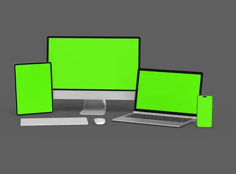 3d render of desktop, laptop, smartphone and tablet on a dark background Illustrazione stock