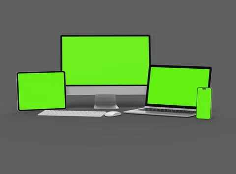 3d render of desktop, laptop, smartphone and tablet on a dark background Illustrazione stock