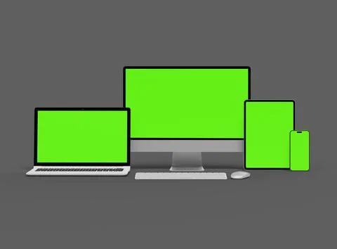 3d render of desktop, laptop, smartphone and tablet on a dark background Stock Illustration
