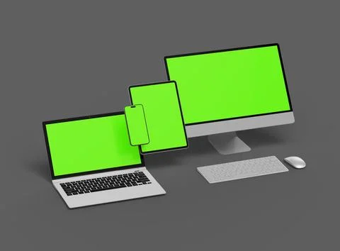 3d render of desktop, laptop, smartphone and tablet on a dark background Stock Illustration