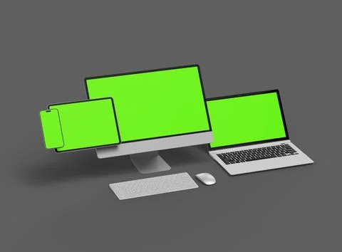 3d render of desktop, laptop, smartphone and tablet on a dark background Illustrazione stock