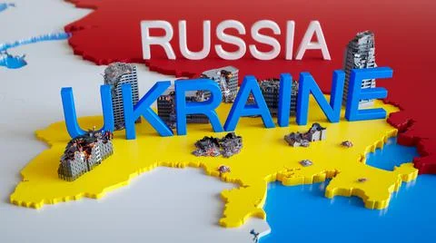 3D render of destroyed buildings and cities in Ukraine after war with Russia on Ilustración de archivo