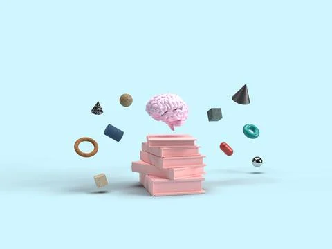 3d render. development of mental abilities. Pink brain over books. In a circ Stock Photos