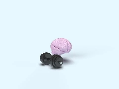 3d render. development of mental abilities. Pink brain next to dumbbells. Pu Stock Photos