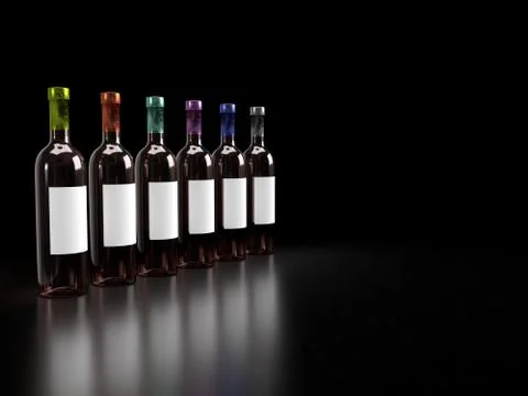 3d render of different colored foil sealed amber glass wine bottle in solid b Stock Illustration