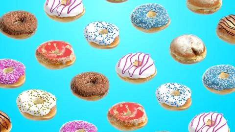 3D render Different donuts on a blue background Stock Illustration