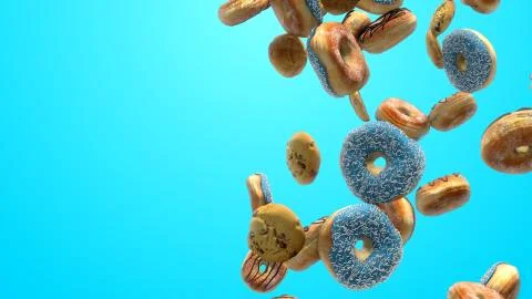 3D render Different donuts on a blue background Stock Illustration