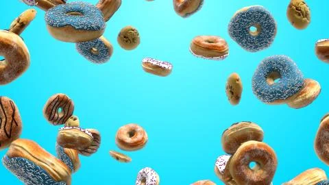3D render Different donuts on a blue background Stock Illustration