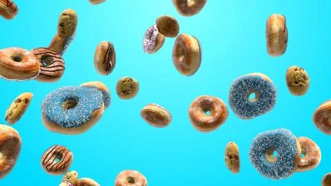 3D render Different donuts on a blue background Stock Illustration
