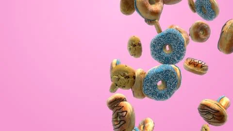 3D render Different donuts on a pink background Stock Illustration