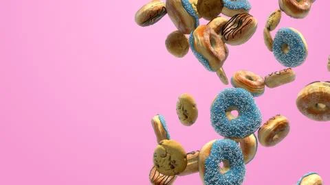 3D render Different donuts on a pink background Stock Illustration