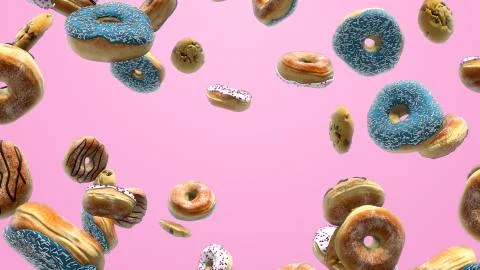 3D render Different donuts on a pink background Stock Illustration