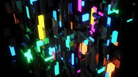 3d render. Different sizes cubes network lighting multicolor neon light, like Stock Illustration