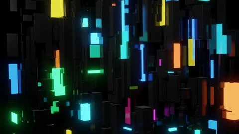3d render. Different sizes cubes network lighting multicolor neon light, like 스톡 일러스트