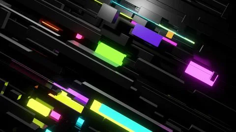 3d render. Different sizes cubes network lighting multicolor neon light, like Stock Illustration