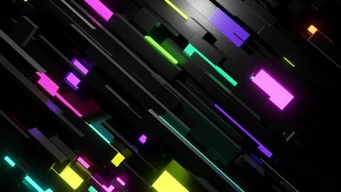 3d render. Different sizes cubes network lighting multicolor neon light, like Stock Illustration
