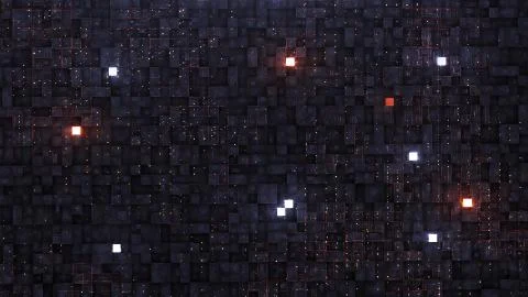 3d render Digital background with neon circuit and cube Illustrazione stock