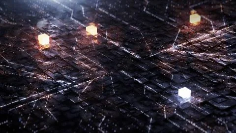 3d render Digital background with neon circuit and cube Stock Illustration