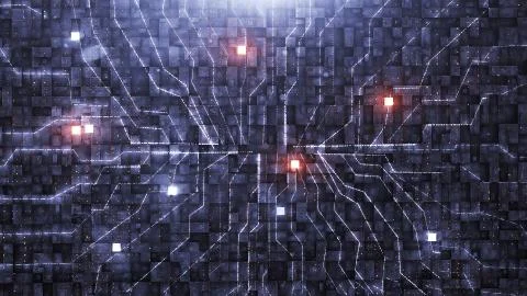 3d render Digital background with neon circuit and cube Stock Illustration