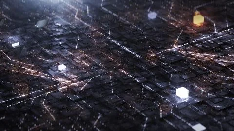 3d render Digital background with neon circuit and cube Stock Illustration