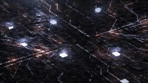 3d render Digital background with neon circuit and cube Stock Illustration