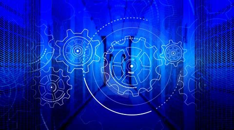 3D render digital control and computing system in data center, HUD hologram on Stock Illustration