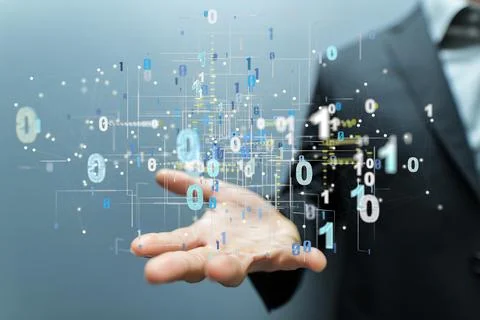 A 3D render of Digital cyberspace with particles and Digital data network con Stock Photos