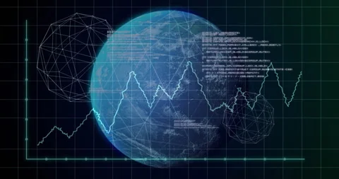 3D render Digital Earth globe spinning, with floating wireframe shapes tracing Stock Footage 307436632