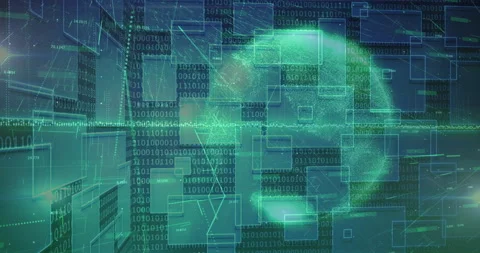 3D render digital globe rotating on right, showing cascading binary digits with Stock Footage 309091438