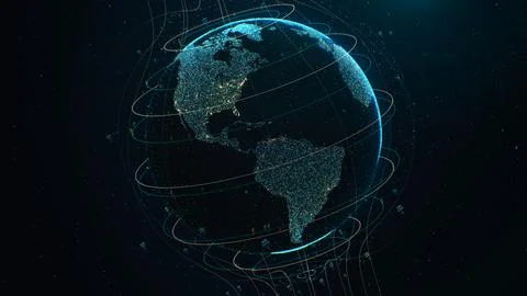 3D Render of digital grid and lines over rotating 3D big data Earth Stock Illustration