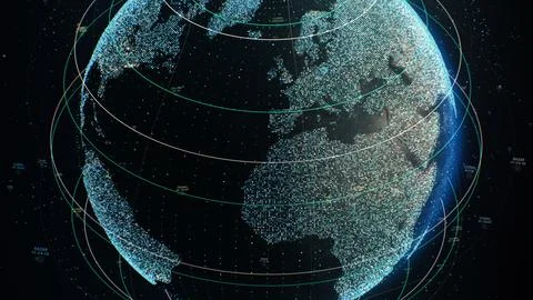 3D Render of digital grid and lines over rotating 3D big data Earth Stock Illustration