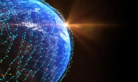 A 3D render of digital grid over earth planet - global communication network  イラスト素材