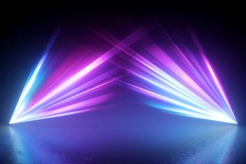 3d render, digital illustration. Bright projector shining inside empty room, Stock Illustration