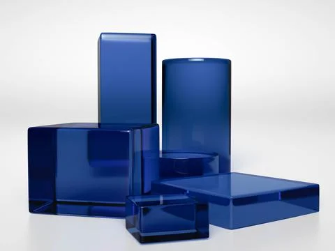3d render, digital illustration studio stage scene with translucent blue cube Stock Illustration
