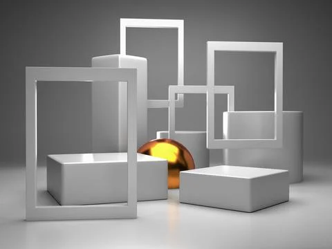 3d render, digital illustration studio stage scene with white cubes and golde Stock Illustration
