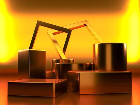 3d render, digital illustration studio stage scene with golden cubes Stock Illustration