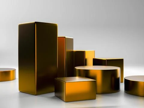 3d render, digital illustration studio stage scene with golden cubes Stock Illustration