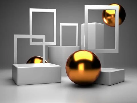 3d render, digital illustration studio stage scene with white cubes and golde イラスト素材