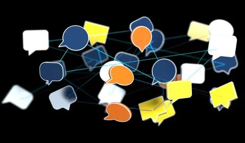 A 3D render of digital speech bubbles conference teamwork connection on black Stock Illustration